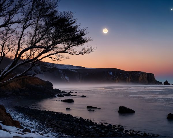 Twilight Coastal Landscape with Tree and Moon