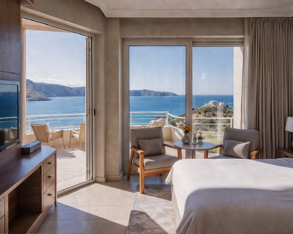 Serene Hotel Room with Ocean View and Elegant Decor