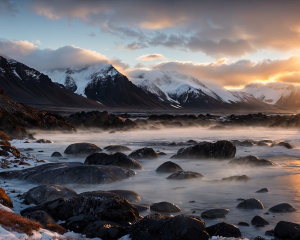 Serene Sunset Landscape with Snow-Capped Mountains