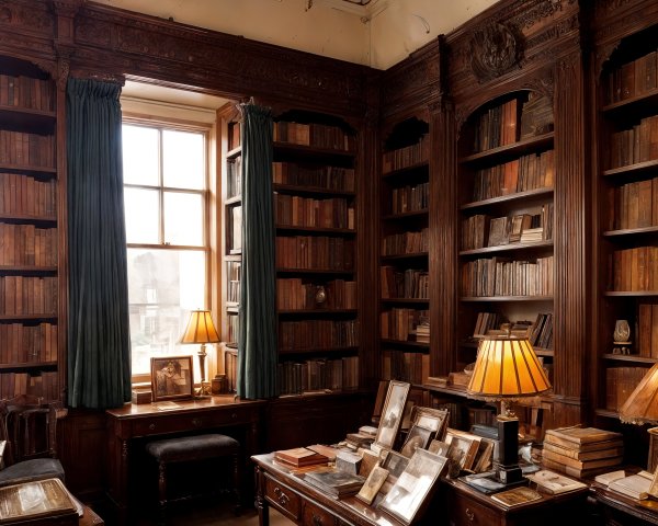 Cozy Vintage Library with Dark Wooden Shelves and Warm Light
