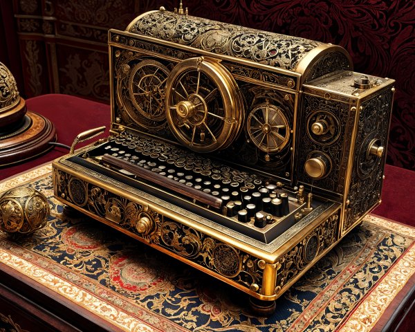 Steampunk Typewriter on Ornate Rug with Brass Details