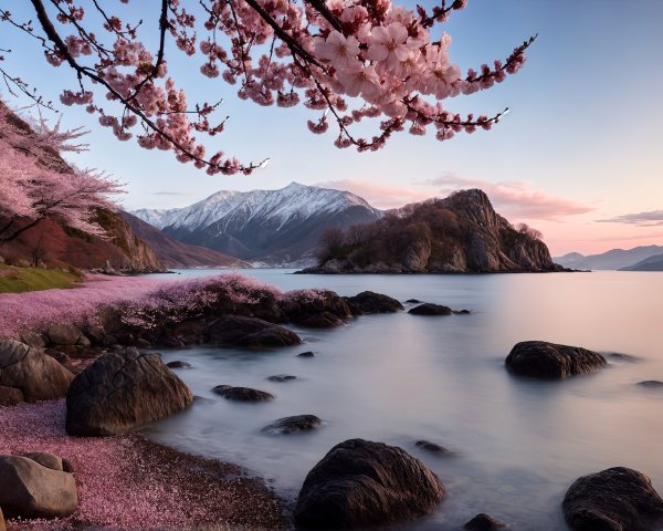 Serene Sunset Landscape with Lake and Cherry Blossoms