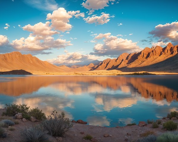Serene Landscape with Lake, Mountains, and Sunset Sky