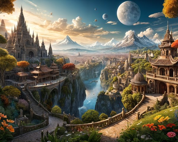 Majestic Mountains and Castles in a Fantastical Landscape