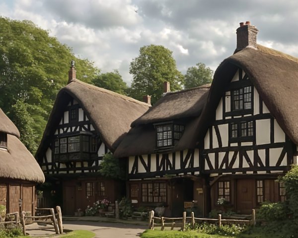 Charming Thatched-Roof Cottages in a Village Scene