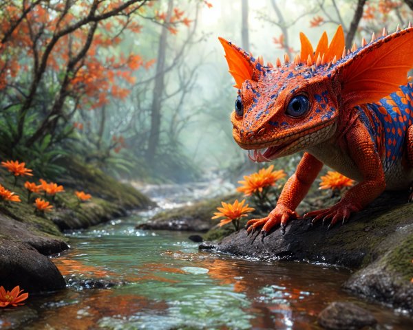 Vibrant Lizard by a Serene Stream in Enchanted Forest