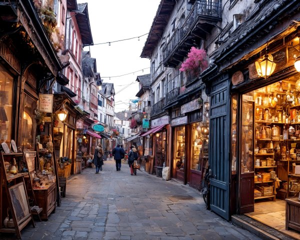 Charming Cobblestone Street with Quaint Shops and Lights