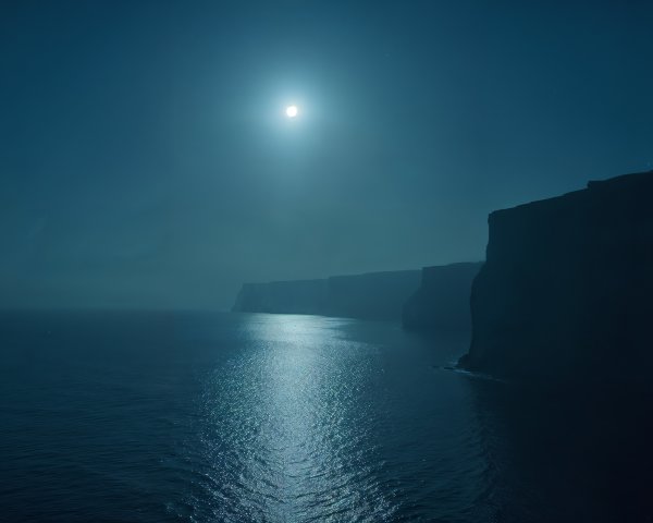 Dramatic Night Coastal Scene with Moonlit Waters