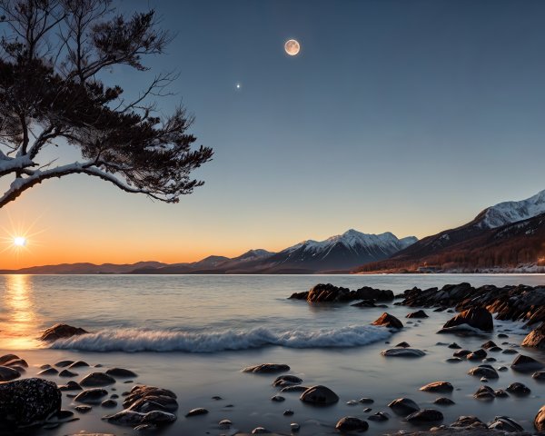Serene Winter Landscape with Lake and Sunset Hues