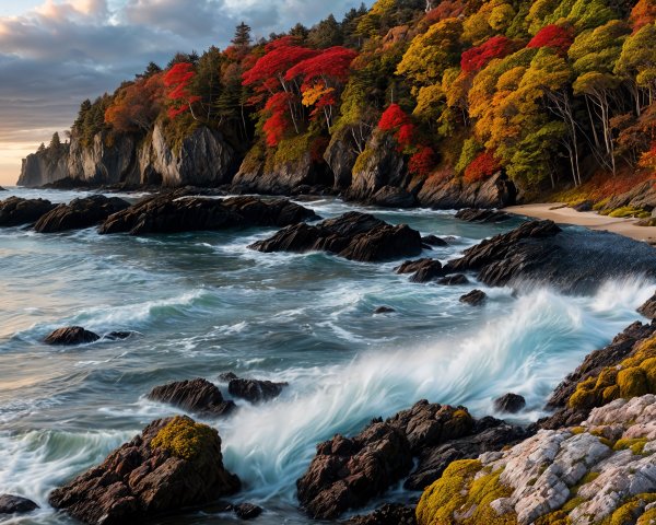 Coastal Scene of Waves, Rocks, and Autumn Foliage
