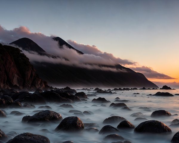 Coastal Sunset with Waves and Majestic Mountains
