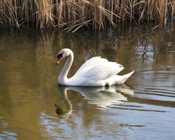 White Swan Gliding on a Calm Reflective Pond
