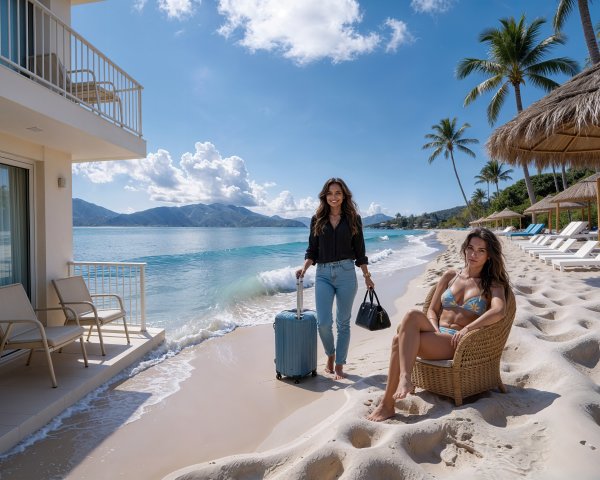 Women on Beach with Ocean and Mountains Background