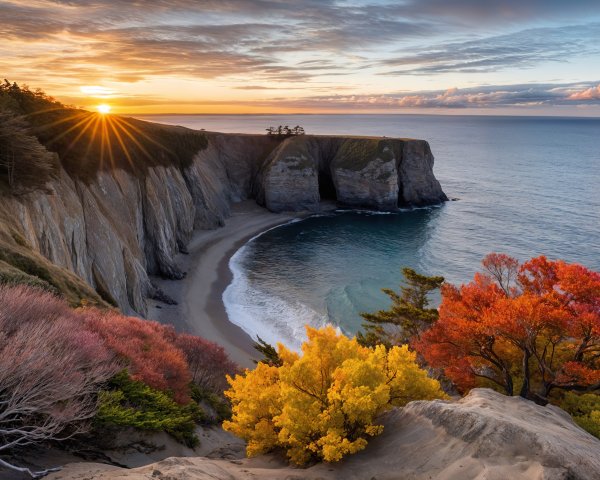 Coastal Sunset with Autumn Foliage and Cliffs