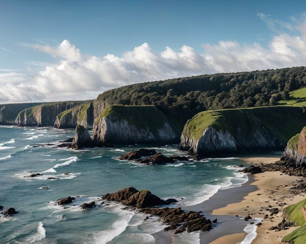 Coastal Landscape with Cliffs, Beach, and Ocean View