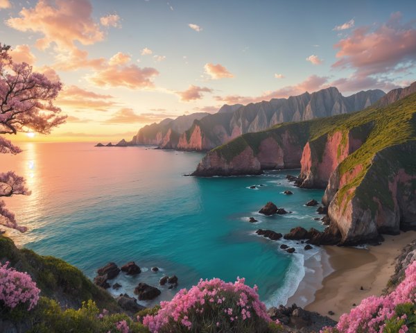 Coastal Landscape at Sunset with Vibrant Blossoms