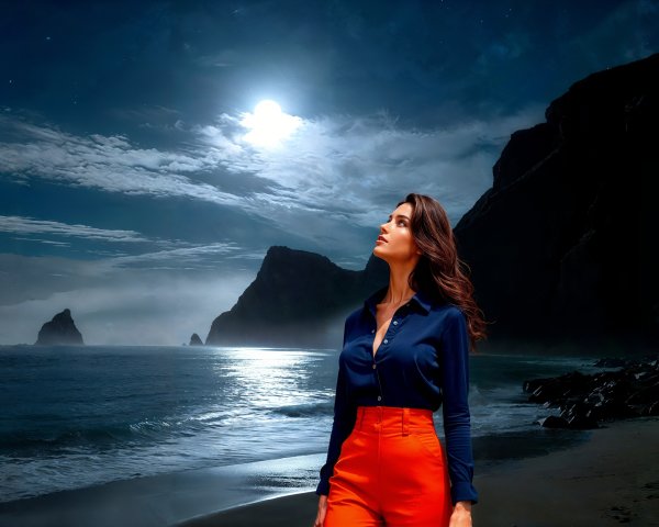 Woman in Blue Blouse and Orange Pants on Beach at Night