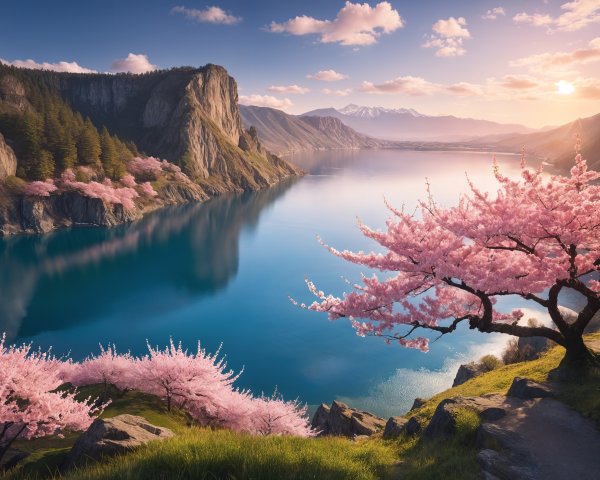 Tranquil Lake Surrounded by Cliffs and Cherry Trees
