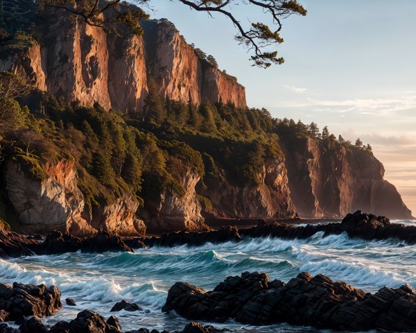 Coastal Landscape at Sunset with Cliffs and Waves