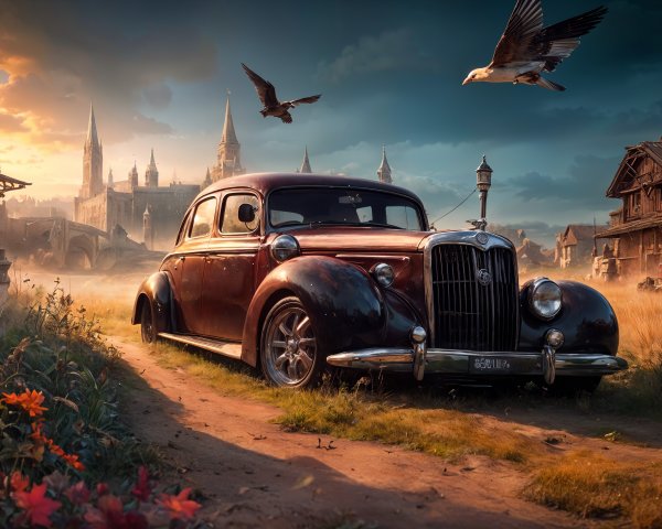 Vintage Car on Dirt Path with Medieval Town Background