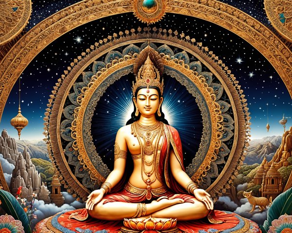 Digital Painting of Meditating Buddha Figure with Mandalas
