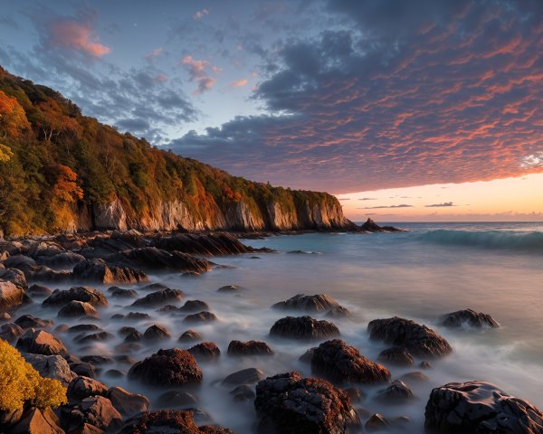 Coastal Sunset Landscape with Autumn Foliage and Cliffs