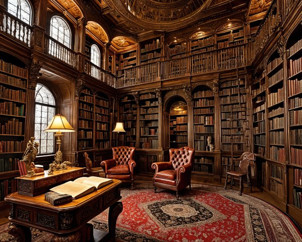 Opulent library with wooden shelves and elegant decor