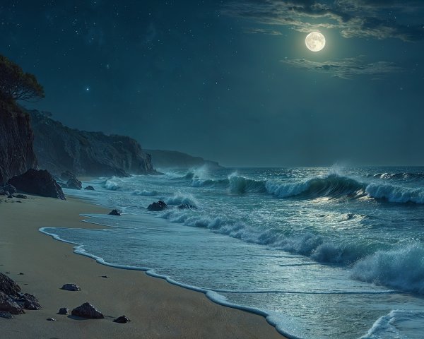 Serene Coastal Scene Under a Full Moon at Night