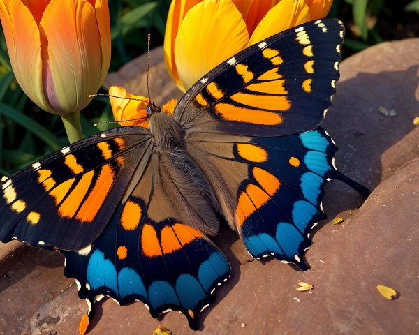 Close-Up of Butterfly on Brown Surface with Tulips