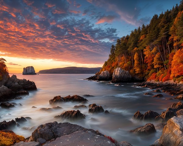 Coastal Sunset with Autumn Foliage and Rocky Shoreline