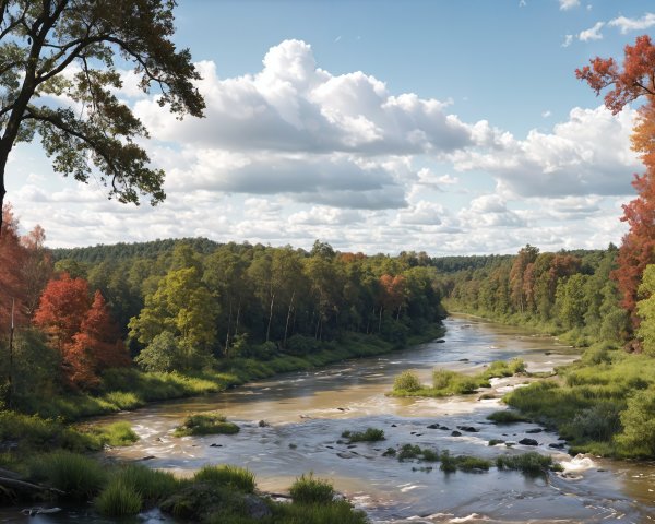Serene River in Vibrant Autumn Landscape