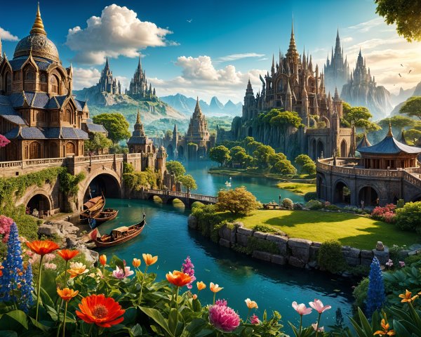 Vibrant garden and castles in a fantasy landscape