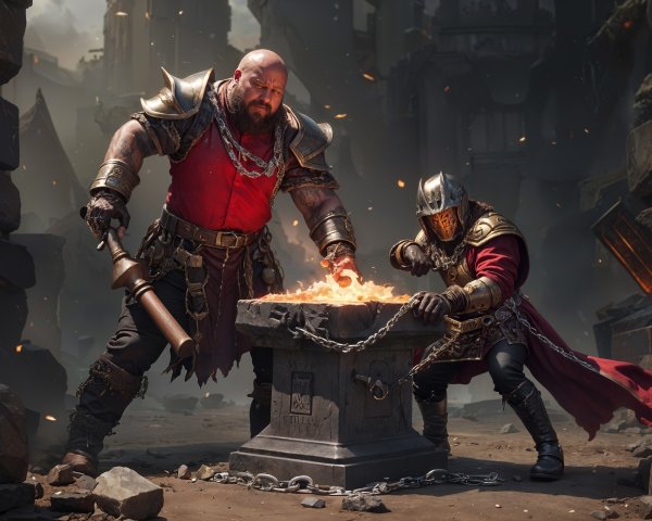 Warriors by a Stone Forge in a Dark Setting