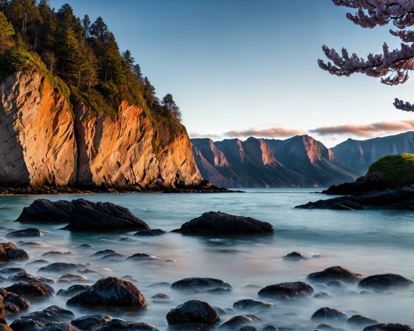 Coastal Scene with Cliffs, Waves, and Cherry Blossoms