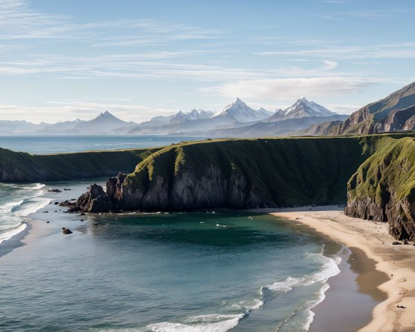 Coastal Landscape with Green Hills and Snow-Capped Mountains