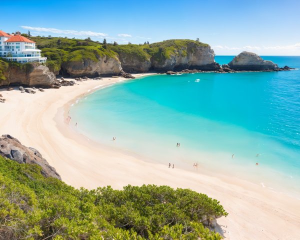 Coastal Scene with Beach, Turquoise Bay, and Hills