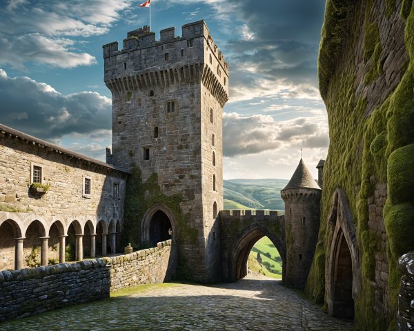 Medieval Castle with Stone Tower and Arched Gateways