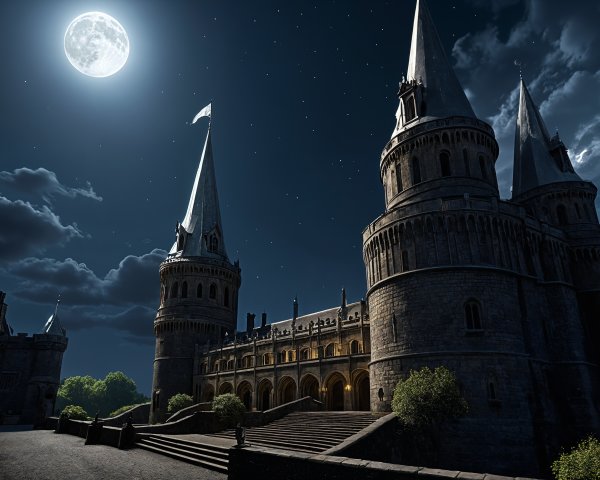 Full Moon Over Hogwarts Castle at Night Sky