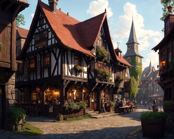 Charming Village Scene with Half-Timbered Buildings