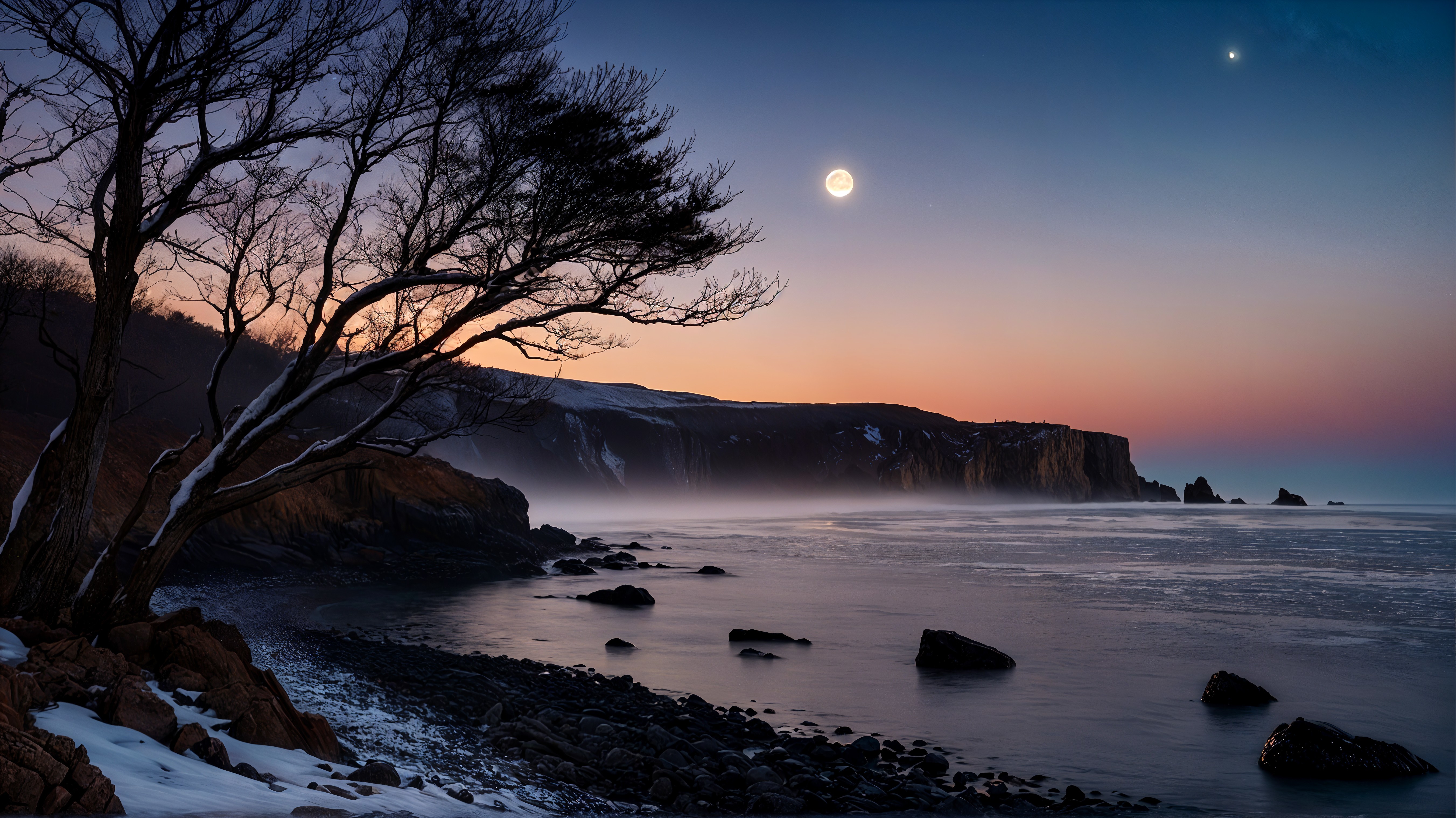 Twilight Coastal Landscape with Tree and Moon