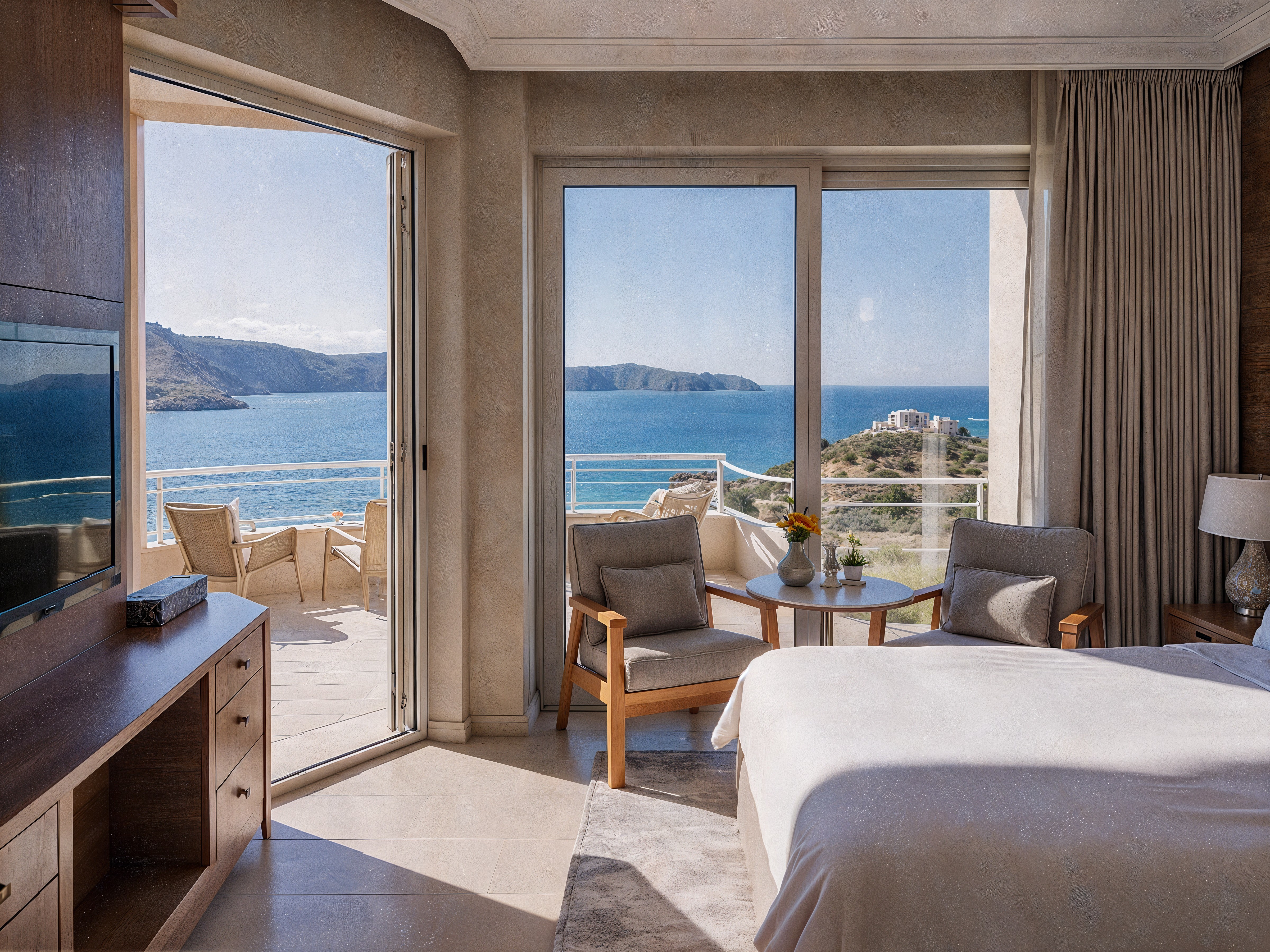 Serene Hotel Room with Ocean View and Elegant Decor