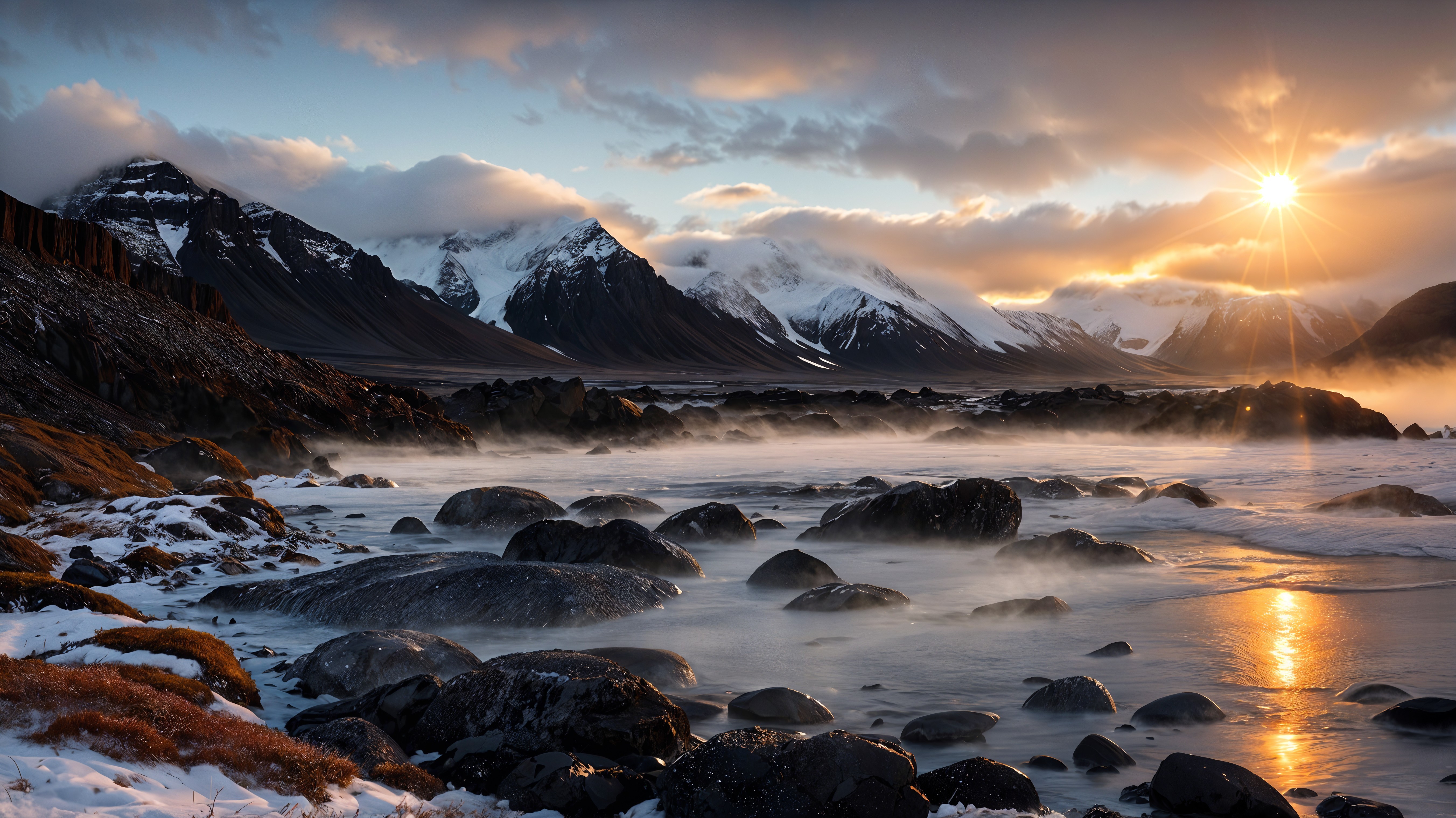 Serene Sunset Landscape with Snow-Capped Mountains