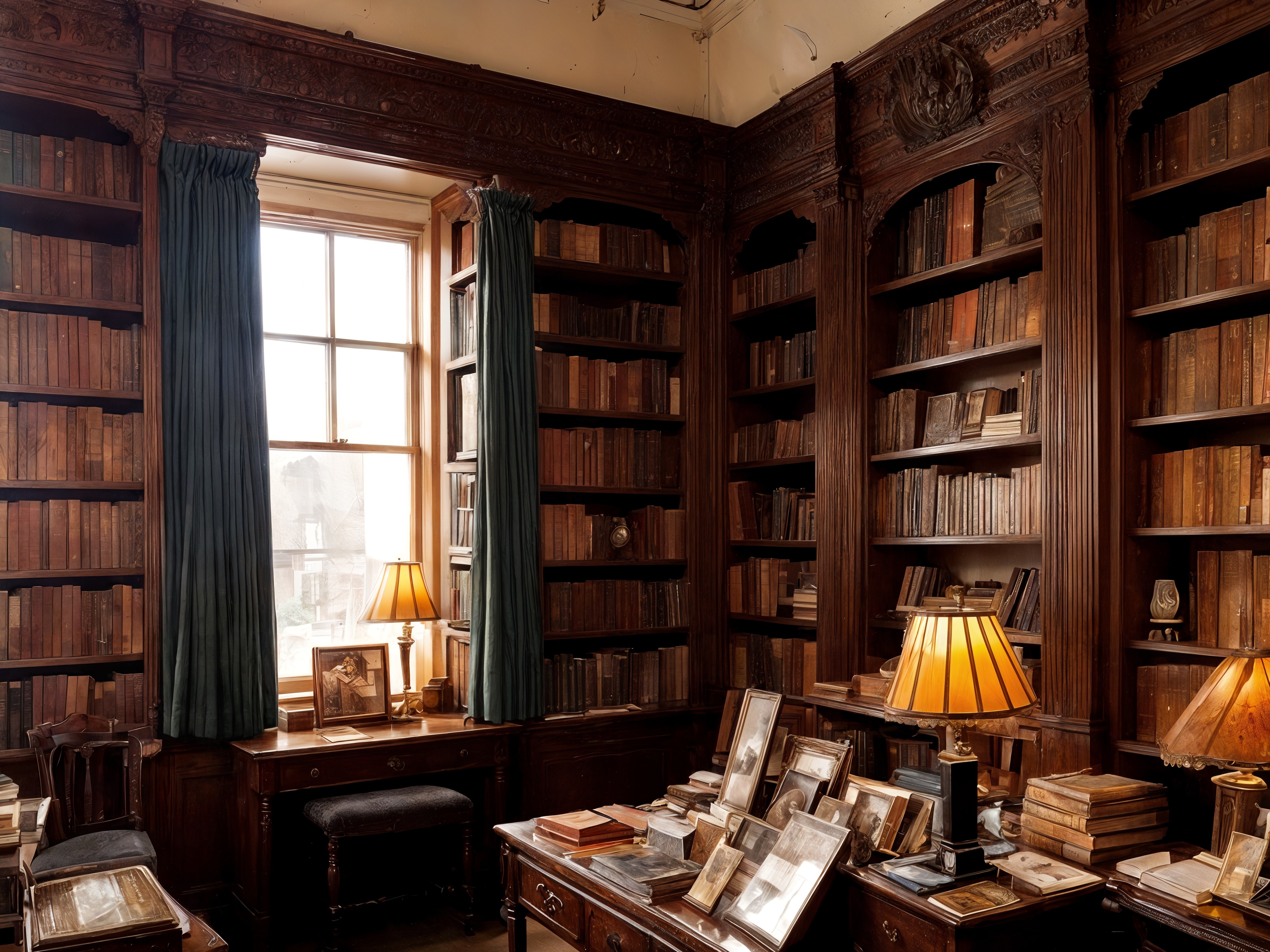 Cozy Vintage Library with Dark Wooden Shelves and Warm Light