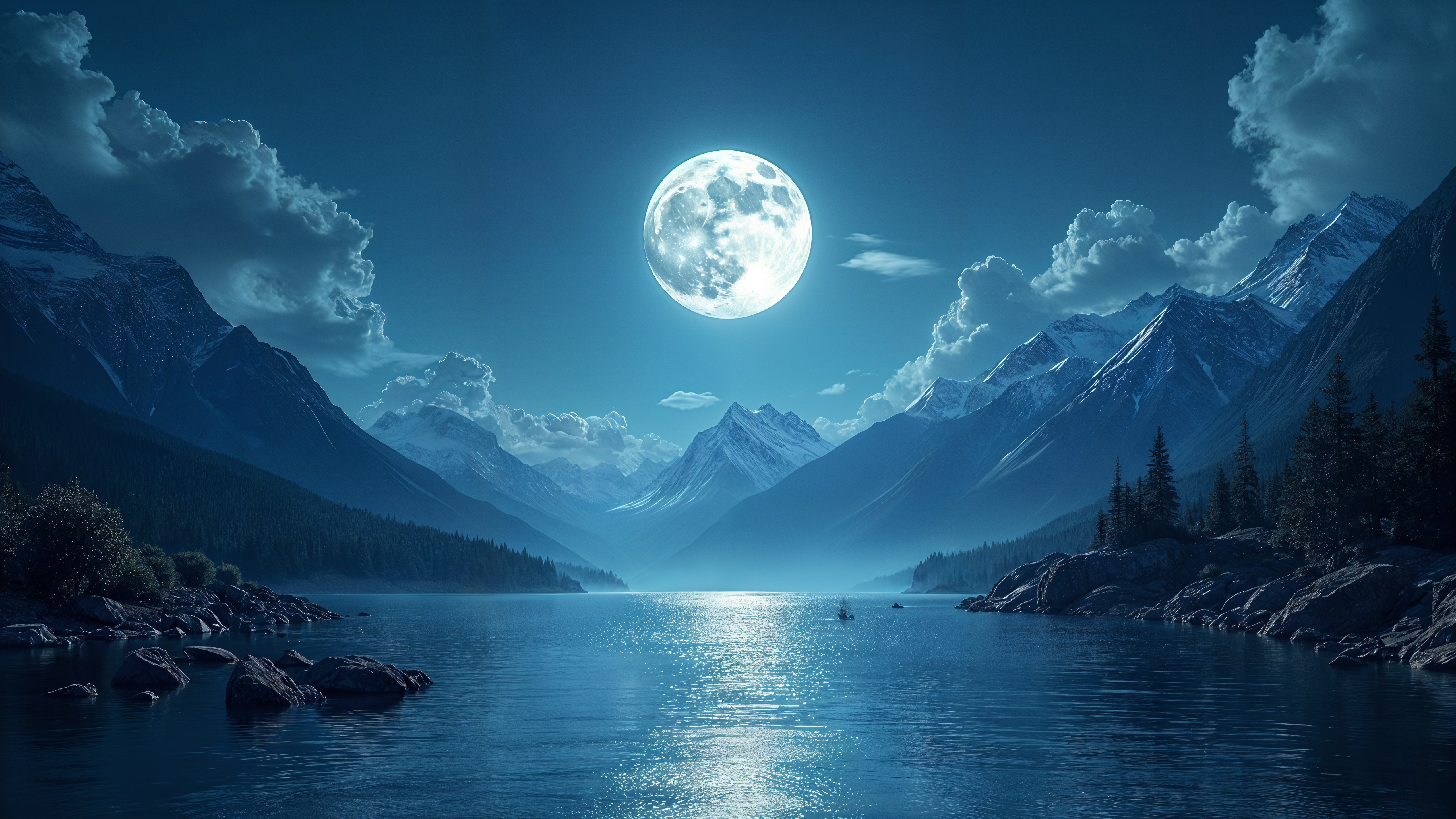 Serene night scene with moonlit lake and mountains