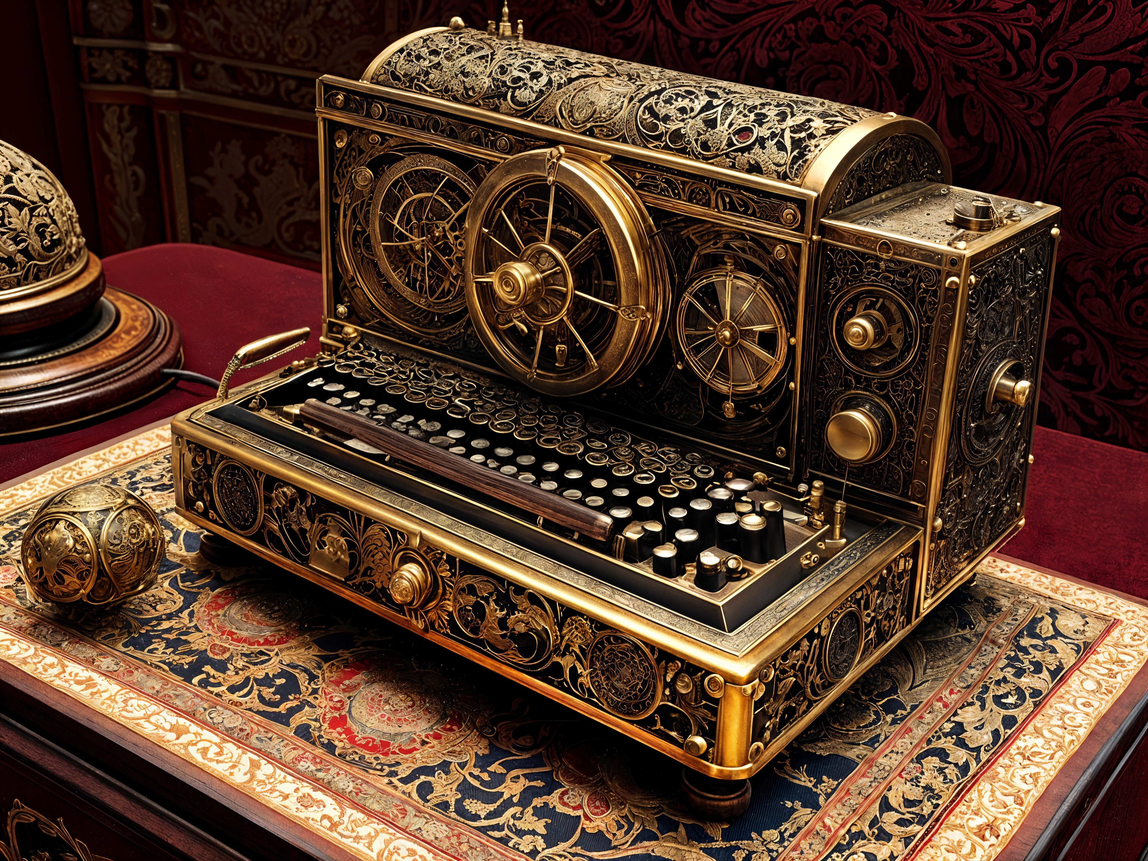 Steampunk Typewriter on Ornate Rug with Brass Details