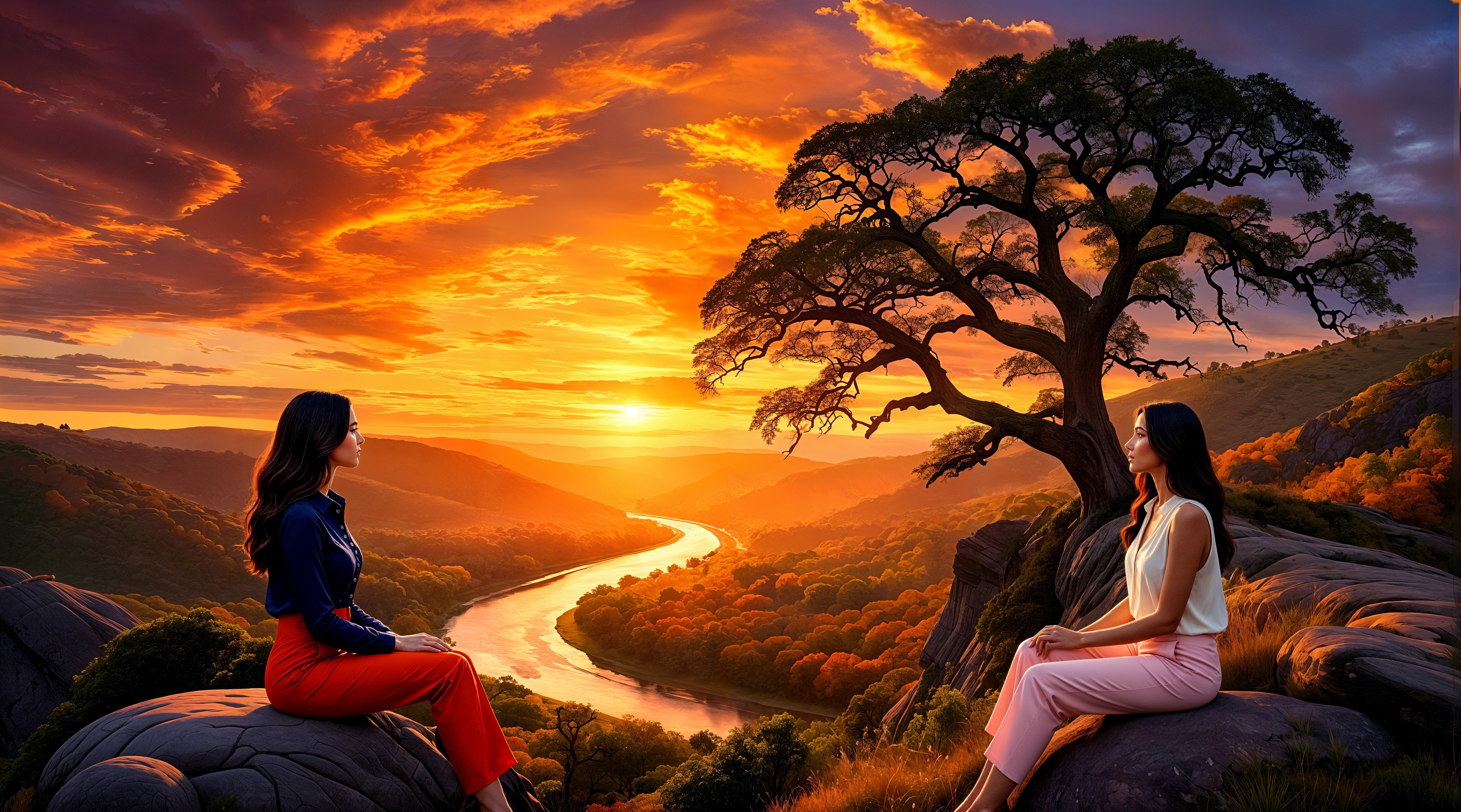 Women on Rocks Overlooking River at Sunset