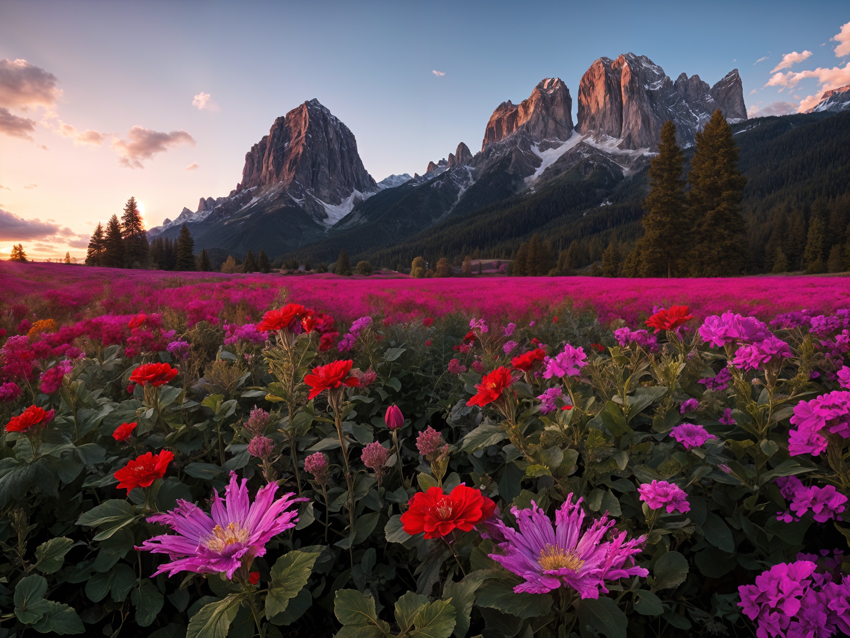 Vibrant Flower Field with Mountains at Sunset