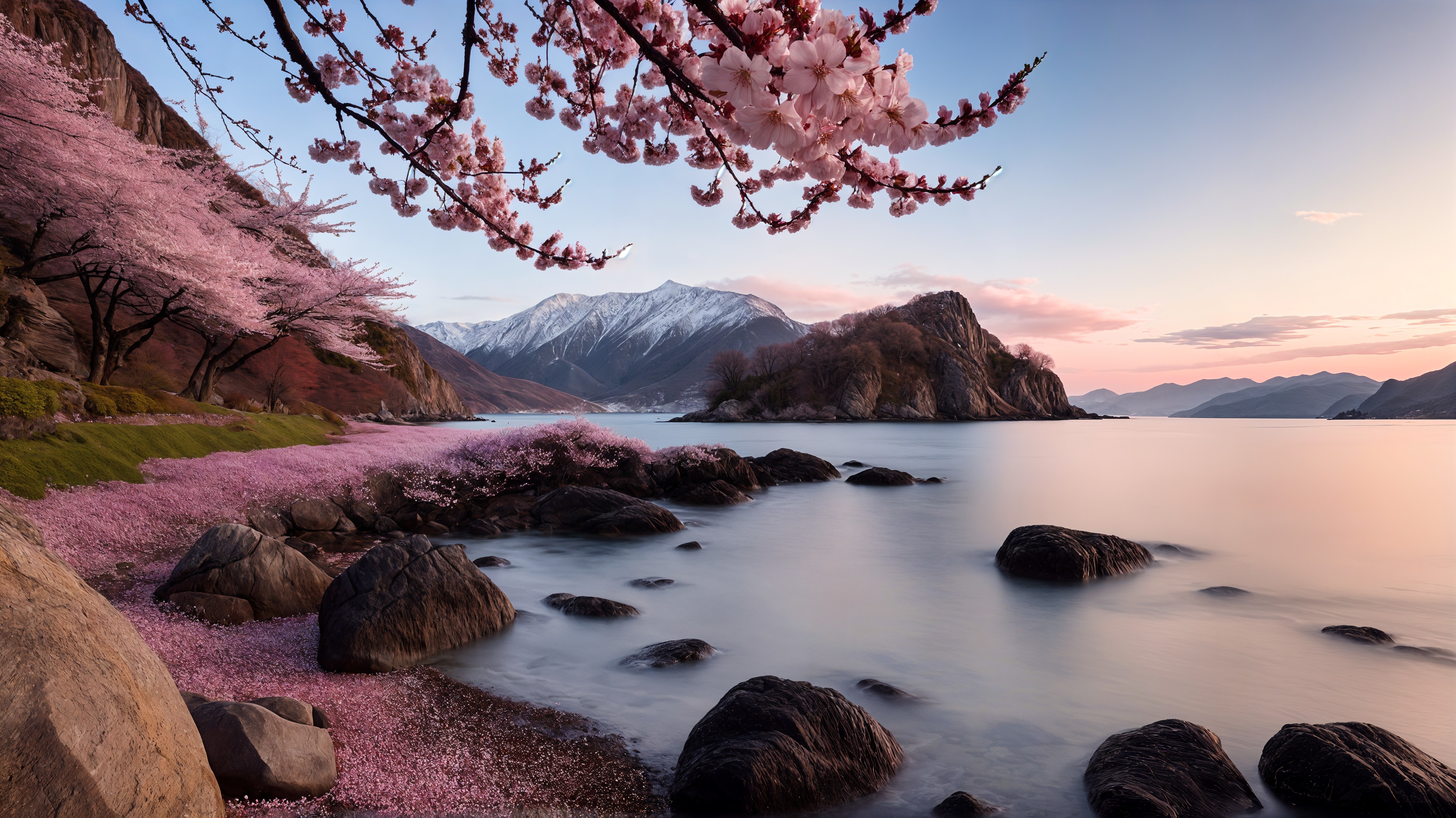 Serene Sunset Landscape with Lake and Cherry Blossoms