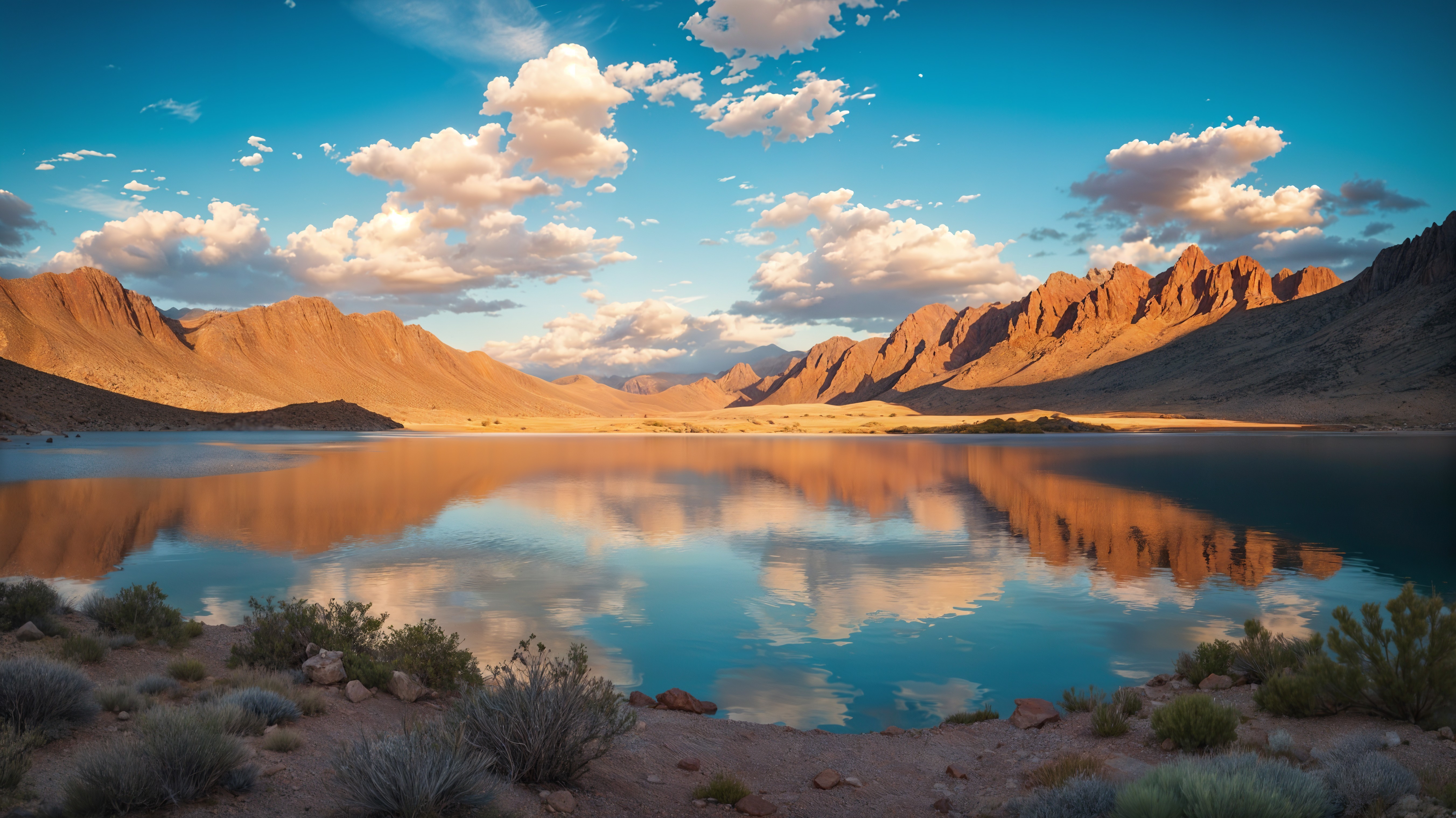 Serene Landscape with Lake, Mountains, and Sunset Sky