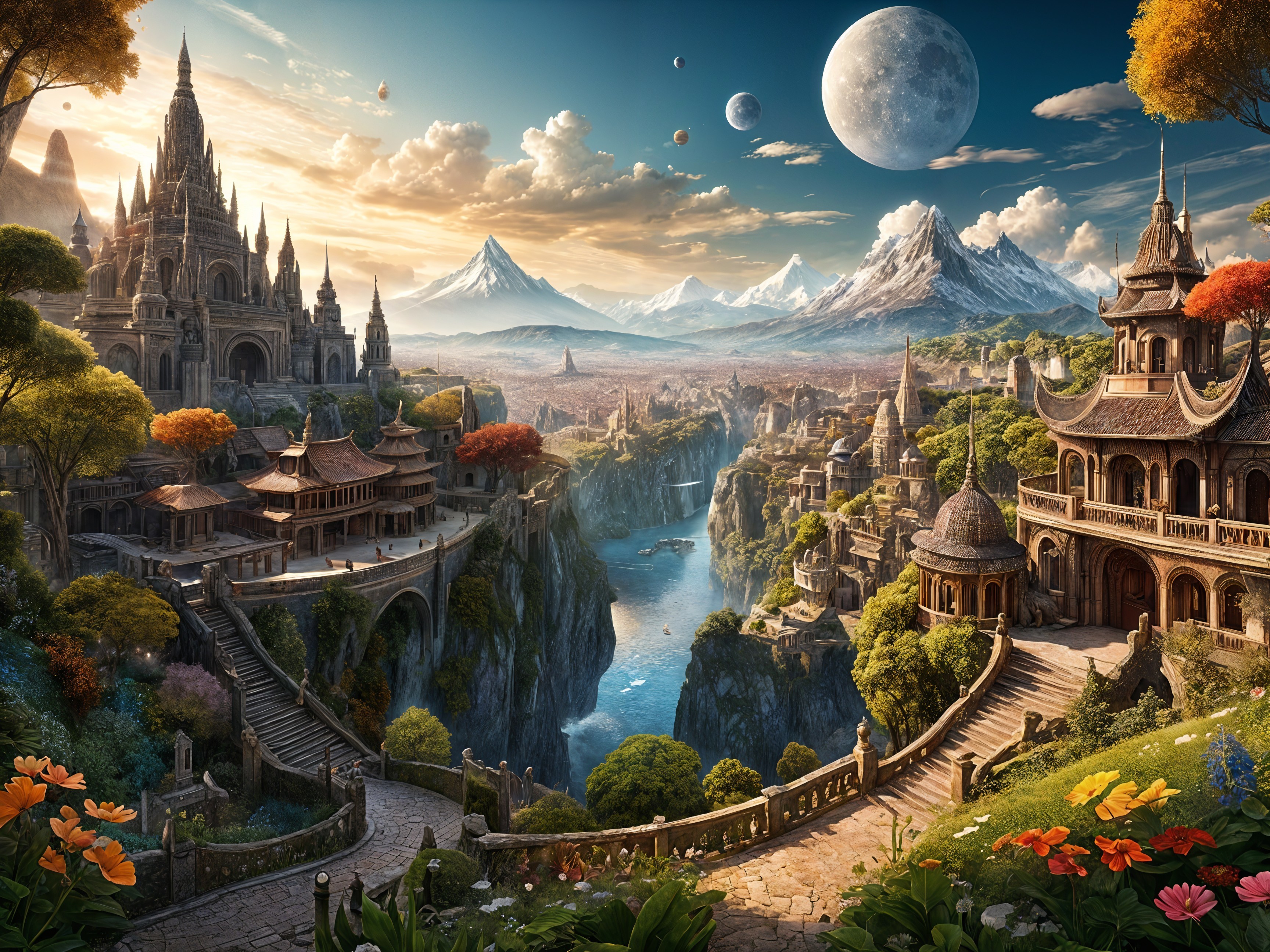 Majestic Mountains and Castles in a Fantastical Landscape